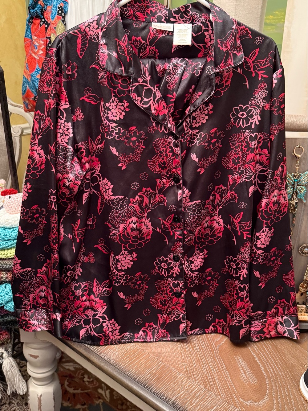 Secret Treasures Black Satin Pajama Top and pants bottoms with Pink Floral Print